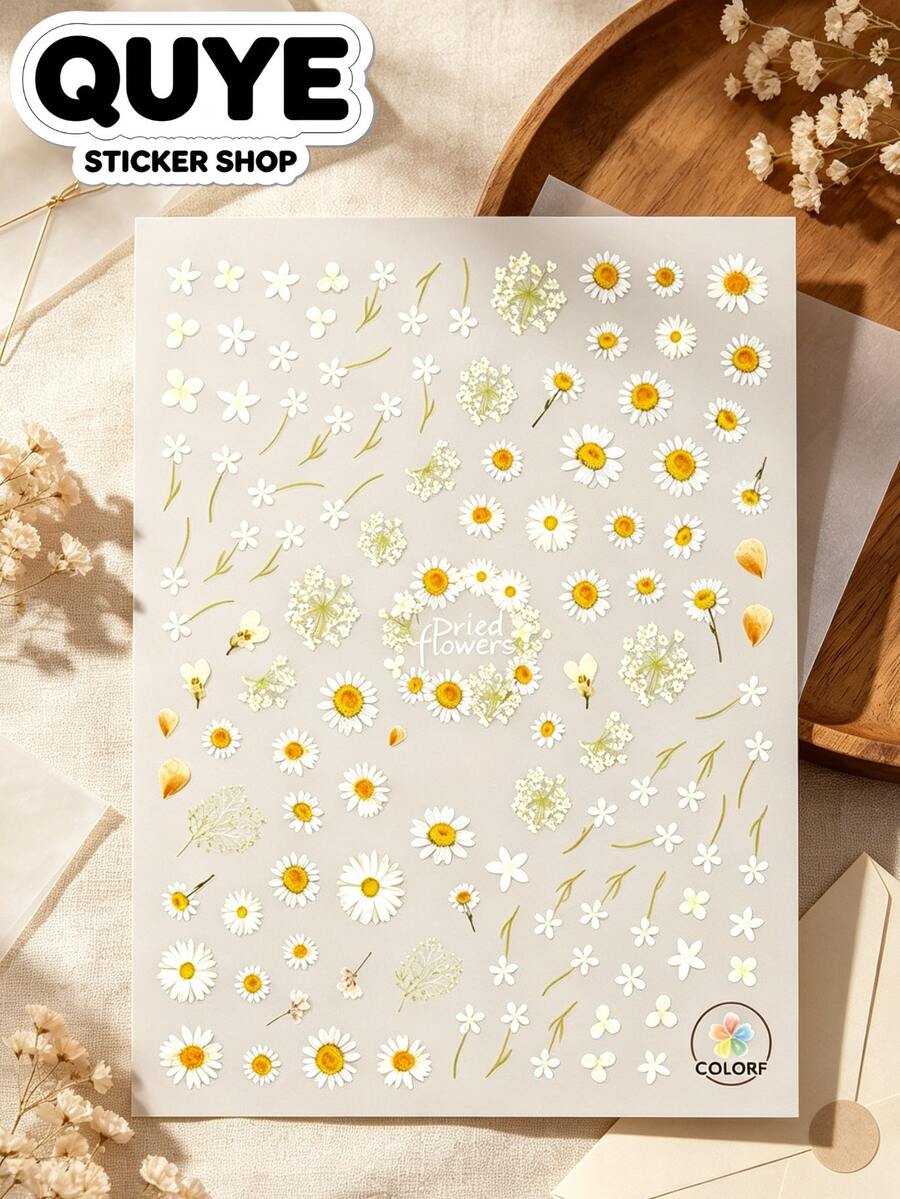 1PC/1Set, Phone Stickers, Stickers For Laptop, Stickers, Dried Daisy Floral Pattern, Self‑Adhesive Decorative Stickers, For Phone Case, Tablet, Daily Gadget Surface Ornament - CA-123 - View 1