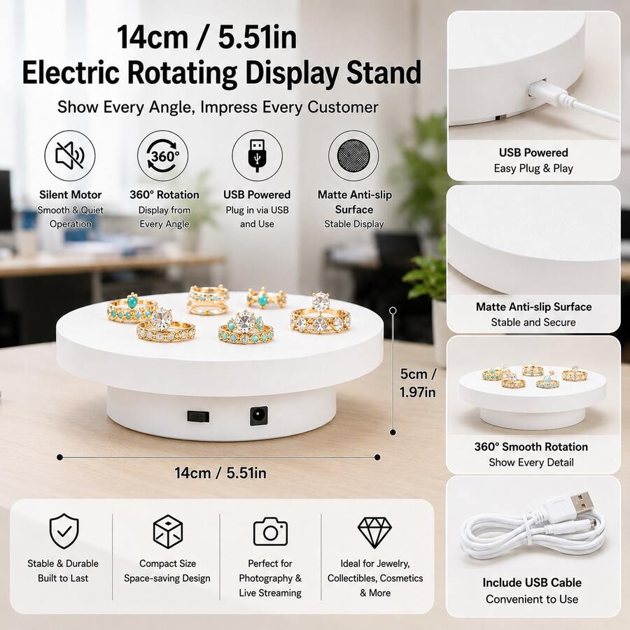 14cm (5.51in) Electric Rotating Display Stand USB Powered Automatic Turntable Adjustable Direction Frosted Non-Slip Base 360° Photography Display Platform Compact Space-Saving Suitable For Jewelry Figures Photography Live Streaming - White - View 1
