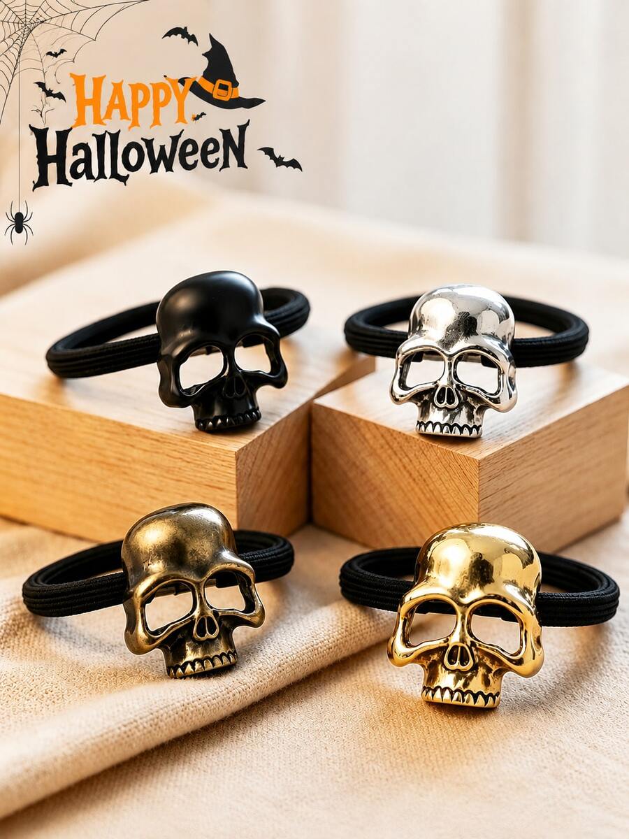 Vintage Punk Dark Metal Skull Hair Tie, Dark Style Hollow Skull Hair Rope, Perfect Halloween Hair Accessory
