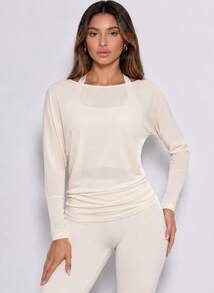 Never me Women's Sports T-Shirt Yoga Pilates Loose Fit Crew Neck Long Sleeve Open Back Hollow Design - Creamy White - View 2