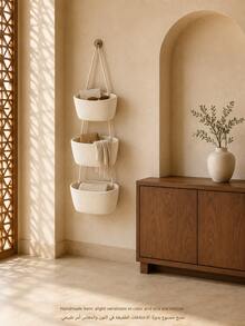 1pc 3-Tier Rope Woven Hanging Storage Basket, Detachable Decorative Storage Rack, Suitable For Living Room, Bathroom And Bedroom, Over-The-Door Multi-Compartment Storage Basket - White - View 5