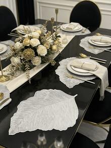 1-12pcs Gold Leaf Vein Heat-Insulated Placemats, Vintage Luxury PVC Asymmetrical Leaf Shape Waterproof Table Mats For Wedding, New Year, Family Gathering Table Decor - Multicolor - View 9
