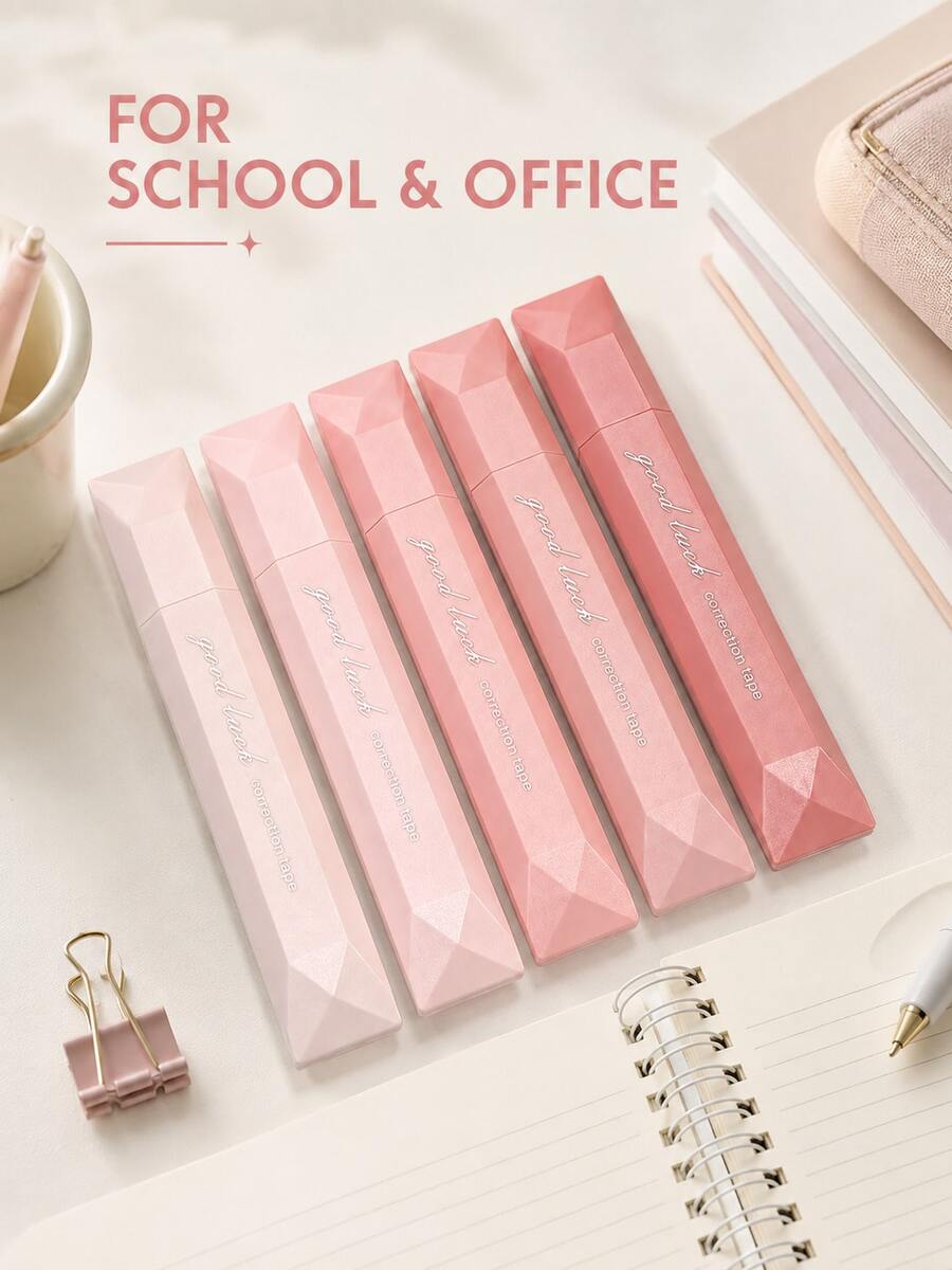 5入漸層色筆式修正帶，便攜蓋式修正帶，學生學習辦公文具 - 5入粉紅色[盒裝] - 查看 1