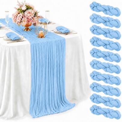 10 Pack Light Blue Cheesecloth Table Runner, Boho Gauze Table Runner, Rustic Semi Sheer Fabric Table Runner For Wedding, Bridal Shower, Baby Shower, Birthday Party, Farmhouse Dining Table Decor, Table Centerpiece And Home Decoration