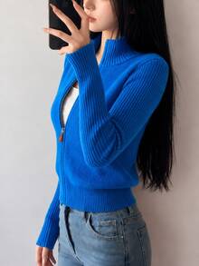 女款秋冬休閒極簡修身拉鍊針織開襟毛衣外套 - 藍色 - 查看 4