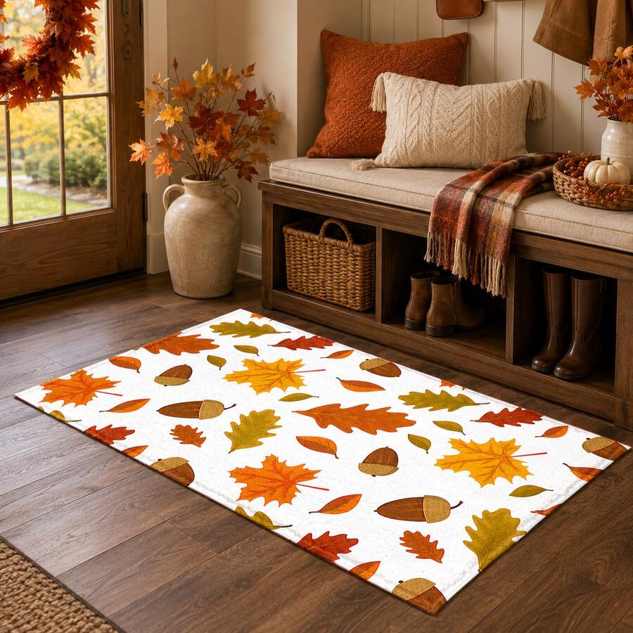 1PC Autumn Theme Printed Home Decor Faux Cashmere Rug, Warm Hand-Drawn Style, Soft And Comfortable Material, Orange Maple Leaves, Oak Leaves, Fallen Leaves And Acorns Pattern, Non-Slip Durable, Quick Dry Easy To Clean, Autumn Home Decor, Suitable For Entryway, Living Room, Bedroom, Hallway, Kitchen And Thanksgiving Home Decor, Can Be Used As Kitchen Mat, Entry Mat, Kitchen Accessories, 2PCS Set - Multicolor - View 1