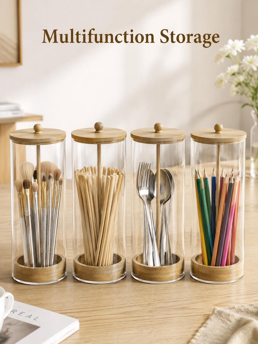 1pc Acrylic Straw Holder With Bamboo Lid, 15cm/6in, 25cm/9.84in Plastic Straw Transparent Desktop Storage Box, Suitable For Kitchen, Office, Cabinet Storage, Can Store Pencils, Utensils (Straws Not Included) - Transparent - View 1