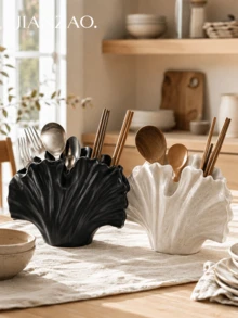 1pc Wabi-Sabi Style Ginkgo Leaf Tableware Storage Rack, Black Spotted White Multi-Compartment Utensil Holder, Large Capacity Chopsticks Spoon Fork Storage Bucket, Rustic Farmhouse Kitchen Countertop Homestay Decor Gift - Seashell Cutlery Organizer - View 9