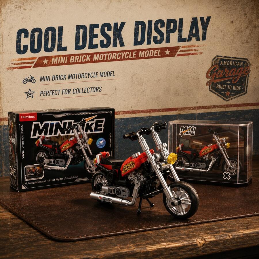 Mini Motorcycle Building Blocks Set With Acrylic Display Case, Collectible Retro Street Bike Model Kit, Desk Decor Gift - Red - View 1