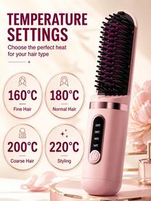 GENAI Mini Wireless Hair Straightener Comb, USB Rechargeable Ionic Straightening Brush With LED Display, 4 Temperature Settings, Fast Heating Anti-Frizz Portable Hair Styling Tool, Suitable For Home And Travel, Pink/Black - Multicolor - View 4