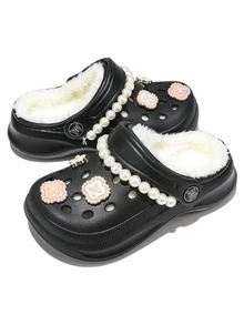 Children's Hollow Garden Clogs With Plush Warm Lining, Elegant Pearl Ballet Style Shoe Decor, Indoor And Daily Wear Slippers - Black - View 4