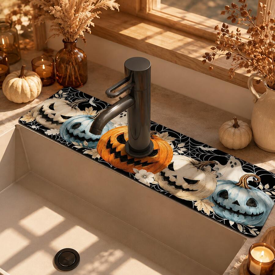 1pc Halloween Decorative Faucet Mat, Pumpkin Pattern, Faucet Cover, Create Holiday Atmosphere, Bathroom Faucet Splash Guard, Waterproof Non-Slip Faucet Mat, Kitchen Countertop Accessory, Kitchen Dining Table Accessory, Sink, Moisture-Proof Absorbent Mat, Absorbent Drainage Mat, Multi-Functional Absorbent Non-Slip Mat