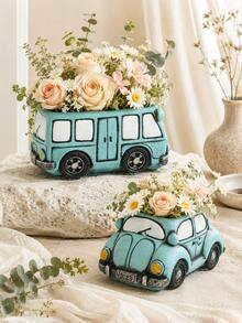 Vintage Car Shaped Vase, Turquoise Resin Decorative Flower Pot, Suitable For Planting Roses And Greenery, Rustic Farmhouse Style Dining Table Decor, Creative Flower Pot, Suitable For Living Room, Bedroom, Wedding, Garden And Home Decoration, Perfect Gift - A - View 2