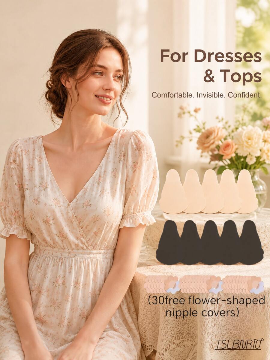 10pcs (30pcs) Gourd-Shaped Invisible Adhesive Pads, Suitable For Bra Use, Designed With Lifted Breast Style To Create A Lighter Visual Effect. Perfect For Low-Neck Tops, Romantic Dates And Daily Outfits, Suitable For Dresses, Evening Gowns, Parties, Dinners, Graduation Ceremonies, Dates And Music Festivals, All Year Round. - Multicolor - View 1