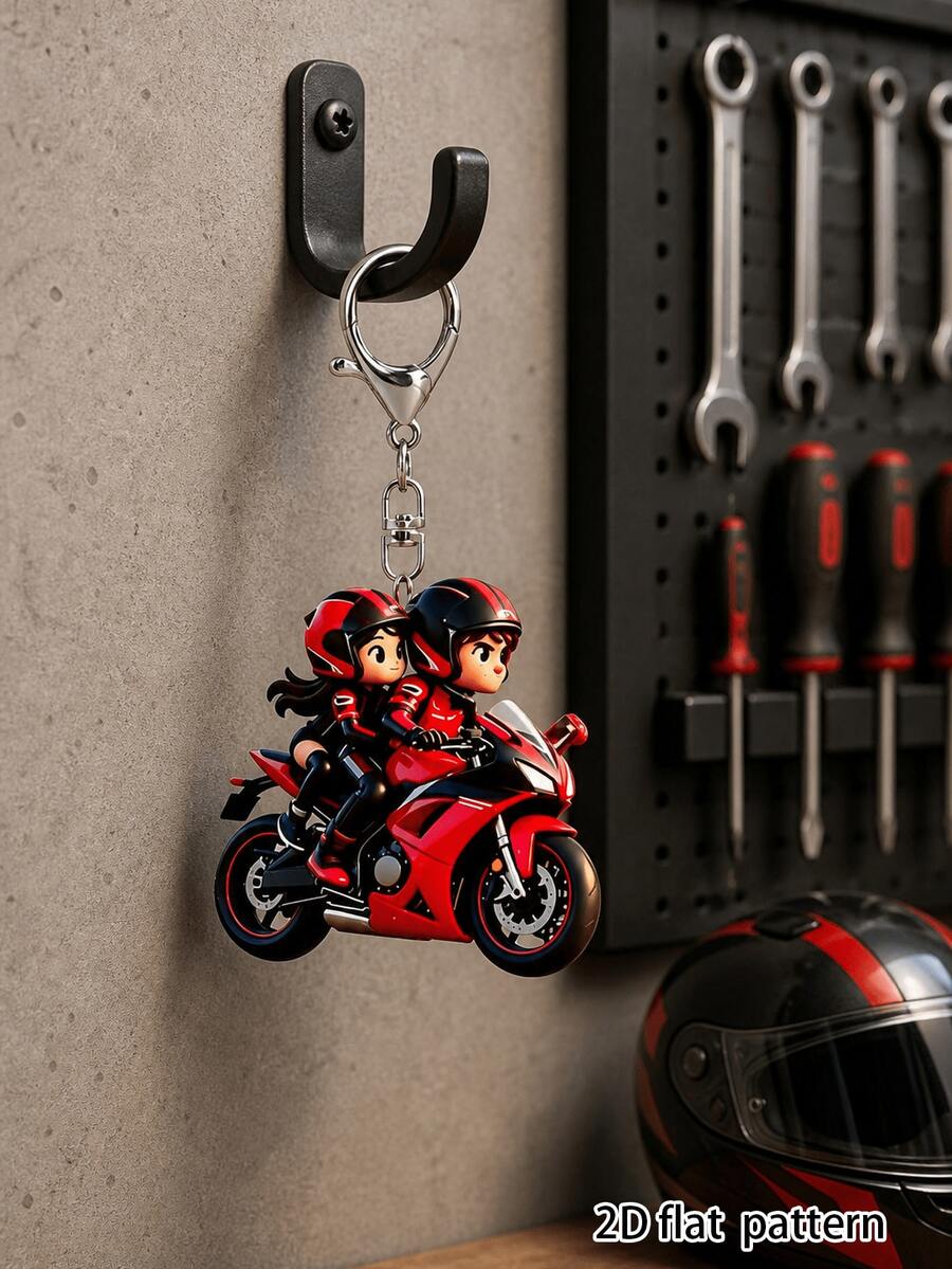 [2D Flat]2D Flat Mini Motorcycle Rider With Passenger Keychain Pendant - Cute Couple Motorcycle Keychain, Suitable For Car Keys, Backpacks, Phone Accessories - Acrylic Motorcycle Gift (Souvenir For Enthusiasts) Couple Style, Travel Accessory, Beach Party Decoration, Daily Fashion Accessory, Perfect Gift For Halloween, Mother's Day, Christmas, Back To School, Wedding, Graduation - As Shown In the Picture - View 1