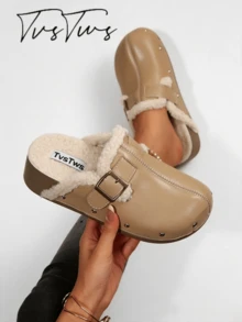 Women's Vintage Metal Buckle Rivet Plush Lining Thick Sole Wedge Heel Shoes, Round Toe Closed Toe Half-Slip-On, Personalized Fashion Warm Outdoor Thermal Slippers - Khaki - View 2