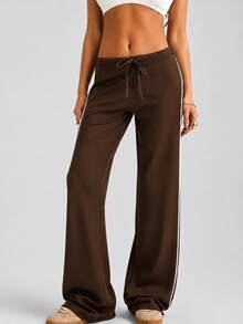 Women's Low-Rise Modal Knit Drawstring Wide-Leg Pants With Contrast Piping - Coffee Brown - View 2