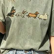Cute Halloween Dachshund Dog Costume Graphic Tee Funny Witch Mummy Hot Dog Ghost Shirt Fall Autumn Aesthetic  Women Gift - Army Green - View 4