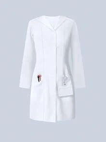 White Fashionable Lapel Large Pocket Lab Coat, Autumn - White - View 1