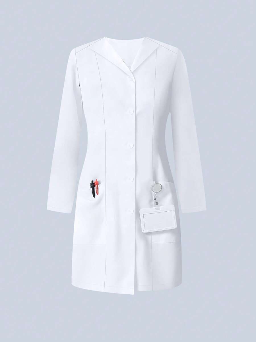 White Fashionable Lapel Large Pocket Lab Coat, Autumn - White - View 1