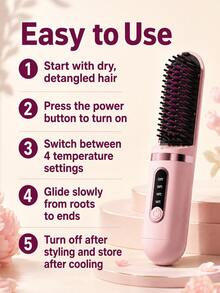 GENAI Mini Wireless Hair Straightener Comb, USB Rechargeable Ionic Straightening Brush With LED Display, 4 Temperature Settings, Fast Heating Anti-Frizz Portable Hair Styling Tool, Suitable For Home And Travel, Pink/Black - Multicolor - View 9