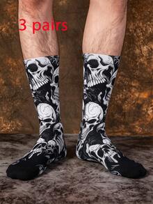 1/3 Pairs Street Dark Punk Style Personalized Mid-Calf Socks, Halloween Funny Skull Jacquard Men's Socks - Multicolor - View 8