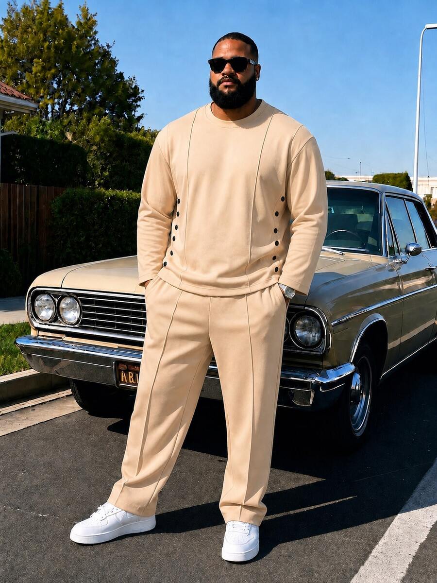 Men's Plus Size Pullover Sweatshirt Set, Autumn Solid Color Long Sleeve Pants 2 Pieces Set, Single-Breasted Design Casual Plus Size Men's Wear - Apricot - View 1