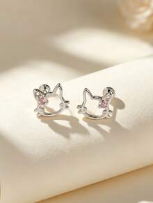 Artepollo 925 Sterling Silver 14K Gold Plated Hollow Cat Stud Earrings, Pink Round Zirconia, Gift Box Packed For Daily Party Women Girls Cute Jewelry - Cat - View 5