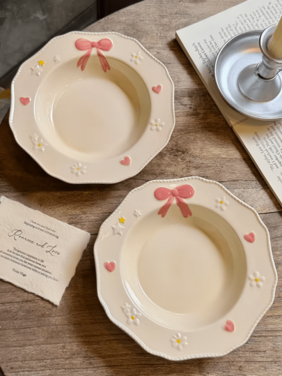 1 set d'assiettes à dîner en céramique avec motif gaufré de marguerite, étoile et nœud perlé, style Ins, assiette exquise pour fruits, yaourt, avoine et dessert, assiette de salade et de pâtes occidentales mignonne et très attrayante, convient pour restaurant, salon, fête, rassemblement et usage domestique