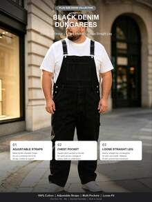 Men's Black Denim Dungarees Work Overalls Plus Size - Black - View 5