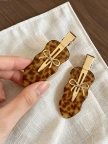 2pcs Leopard Print Cloud Acetate Duckbill Side Hair Clips, Elegant Bow Exquisite Bangs Hair Clips, Loose Hair Clips. Perfect Hair Accessories For Autumn/Winter. - Brown - View 4