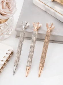 3/1pc Shiny Rhinestone Diamond Ballpoint Pen, Elegant Luxury Metal Barrel Crystal Top Smooth Writing Pen, Wedding Bridesmaid Gift, Office Desk Dorm Campus Stationery School Supplies - Multiple Styles - View 2