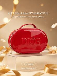 DIOR Red Glossy Patent Leather Oval Handheld Cosmetic Bag, Embossed Logo Portable Makeup Storage Box, Women's Large Capacity Makeup And Skincare Storage Bag, Holiday Gift Idea, Travel And Business Trip Cosmetic Organizer Bag, DIY Customizable Handheld Bag, Perfect Gift For Girlfriend And Best Friend, Commute Sample Lipstick Powder Multi-Function Storage Bag - Glossy Patent Leather Red Makeup Bag - View 1