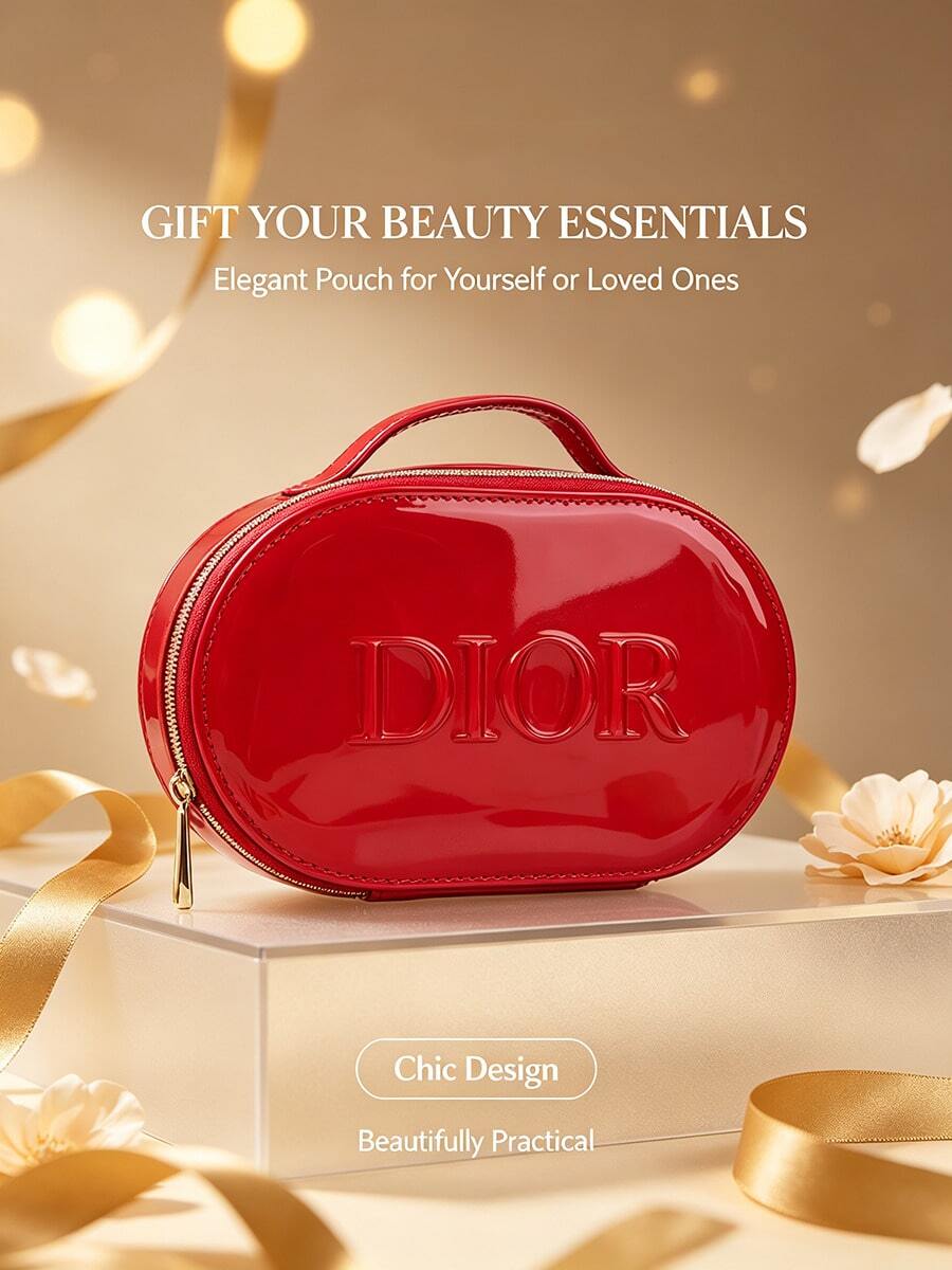 DIOR Red Glossy Patent Leather Oval Handheld Cosmetic Bag, Embossed Logo Portable Makeup Storage Box, Women's Large Capacity Makeup And Skincare Storage Bag, Holiday Gift Idea, Travel And Business Trip Cosmetic Organizer Bag, DIY Customizable Handheld Bag, Perfect Gift For Girlfriend And Best Friend, Commute Sample Lipstick Powder Multi-Function Storage Bag - Glossy Patent Leather Red Makeup Bag - View 1