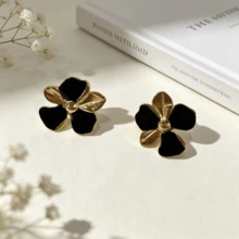 1 Set Vintage Enamel Red & Black Floral Stud Earrings & Necklace, Women's Luxury Jewelry Set - Enamel Red and Black Floral Set - View 2