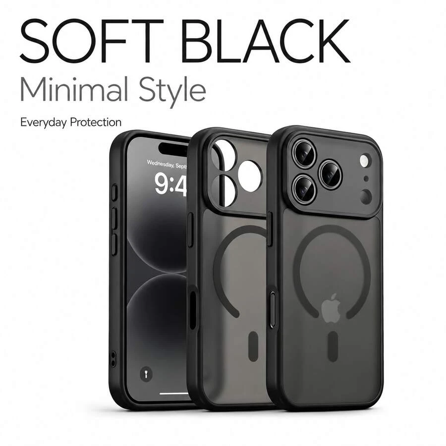SKJL Matte Semi‑Transparent Magnetic Phone Case, Large Camera Cutout Shockproof Minimalist Cover Compatible With Iphone 18 18Pro Max 17 AIR 17Pro 17Pro Max Case - Black - View 1