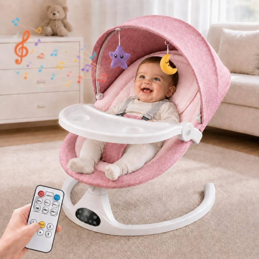 Smart Electric Baby Rocker With Timer Function, 5 Rocking Speeds, Bluetooth Music, And Mosquito Net - Pink - View 1