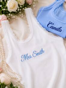 Personalized Embroidered Lace Tank Top, Custom Embroidery Modal Tank Bridal Shower Gift, Engagement Gift Bachelorette Party, New Mrs. Tank - Multicolor - View 5