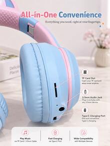 Headphone Bluetooth Nirkabel Bentuk Telinga Kucing Lucu dengan Lampu LED, Headset Lipat dan Dapat Diatur, Earphone Over-Ear Nyaman untuk Anak Perempuan, Kompatibel dengan iOS/Android untuk Bermain Game/Kelas Online - View 4