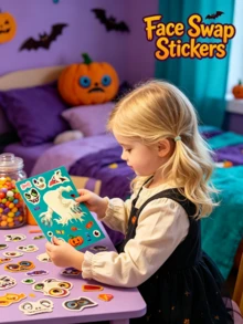 Halloween Kids Face-Swap Interactive Puzzle 6-Piece Set, Cartoon Werewolf Ghost Vampire Pumpkin Grim Reaper 6 Styles, Children's Free Combination Eyes Mouth Nose Face-Changing Interactive Toy, Can Be Stuck On Notebooks Water Cups Pumpkins Windows Walls Gift Boxes - Multicolor - View 5