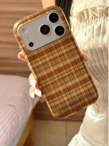 Niche Autumn/Winter Plaid Semi-Transparent Phone Case Compatible With Apple 17 Pro Max, 16 New Model, 15, 15 Pro, 17, 16 Pro, 17 Pro, High-Quality Creative Minimalist Korean Style Anti-Drop Protective Cover With Chain - Brown - View 2