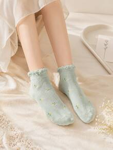 5 Pairs Assorted Women's Cute Floral Embroidered Ruffle Ankle Socks, Soft Breathable Lightweight Pastel Color Socks For Casual Daily Wear In Spring And Summer - Multicolor - View 6