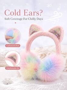 1pc Girls Cute Pink Macaron Color Soft Plush Winter Earmuffs With Fluffy Ear Covers And Shiny Decoration, Suitable For Autumn/Winter - Multicolor - View 10