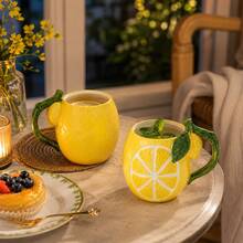 1pc Summer Fruit Lemon Ceramic Mug 520ml, Embossed Lemon Slice & Leaf Handle, Coffee Milk Cup, Creative Tableware Home Decor Gift - Gold - View 7