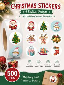 500PCS/1ROLL Assorted Cartoon Christmas Round Stickers, Self‑Adhesive Labels For Gift Sealing Decoration - Multicolor - View 3