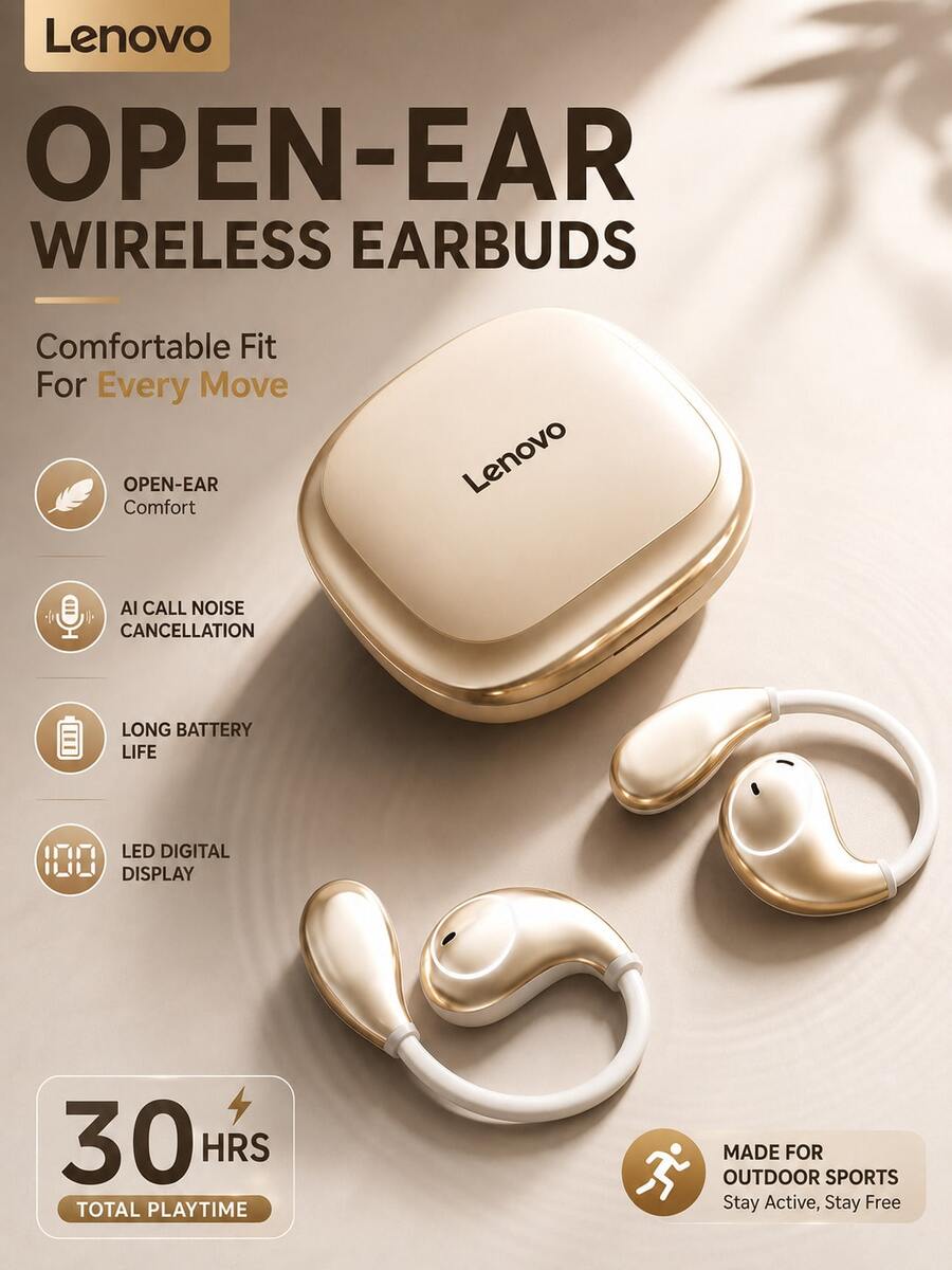 Lenovo 2026 Open-Ear Wireless Headphones With Ear Hook, Intelligent Noise Reduction For Calls, Long Battery Life, Digital Battery Display, Comfortable Stable Fit, Ideal For Outdoor Sports