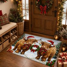 1pc Christmas Highland Cow Print Faux Wool Rug, Christmas Hat Long Fur Cow Wreath Gift Snow Scene Pattern Rectangular Soft Carpet, Holiday Theme Doormat, Kitchen Entryway Bedroom Living Room Doorway Home Decor Mat, Winter Christmas Atmosphere Decoration Rug - Multicolor - View 1