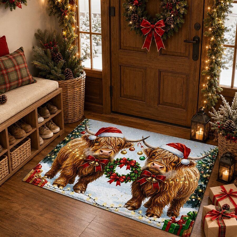 1pc Christmas Highland Cow Print Faux Wool Rug, Christmas Hat Long Fur Cow Wreath Gift Snow Scene Pattern Rectangular Soft Carpet, Holiday Theme Doormat, Kitchen Entryway Bedroom Living Room Doorway Home Decor Mat, Winter Christmas Atmosphere Decoration Rug - Multicolor - View 1