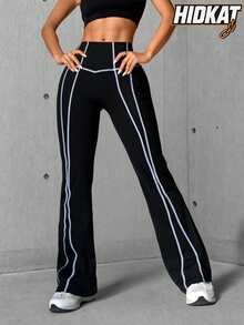 Hidkat High-Waisted Booty-Lifting Wide-Leg Yoga Pants, Streamlined Seams, Compression, 4-Way Stretch, Skin-Friendly Casual Flare Leggings - Black - View 2