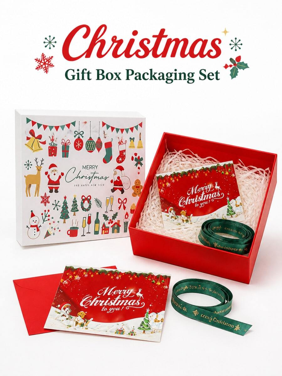 1pc Christmas Gift Box With Card And Raffia Filler, Decorative Holiday Gift Packaging Box With Ribbon, Reusable Home Christmas Party Holiday Gift Box - Multi-color - View 1